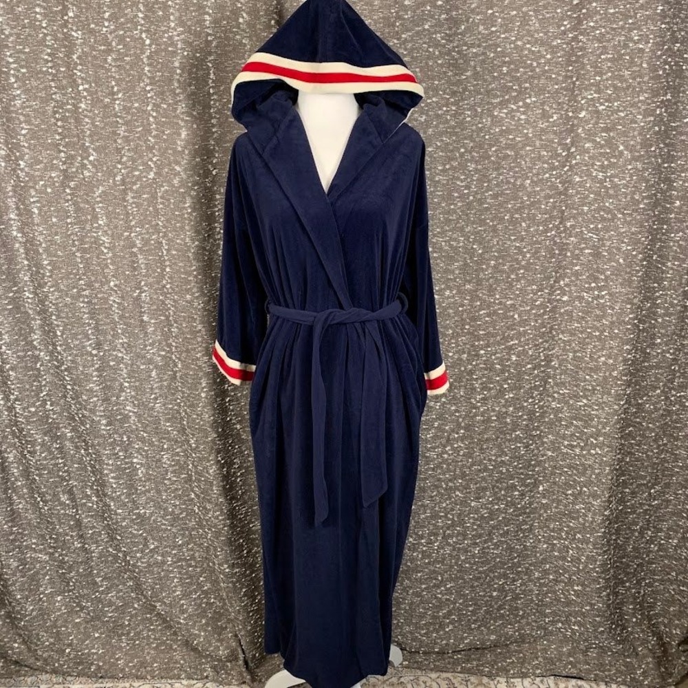 Christian Dior Vintage Blue Velour Hooded Robe Striped Trim Luxury Loungewear